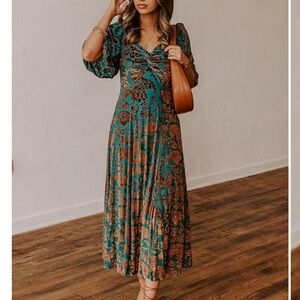 Impressions Teal and Brown Floral Midi Dress